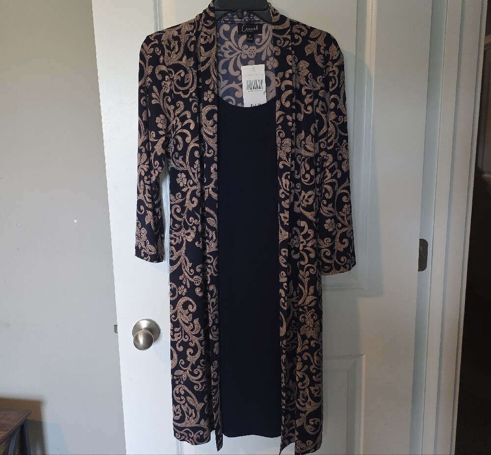 connected apparel Black Dress with Beige Floral-Patterned Duster - Picture 5 of 15